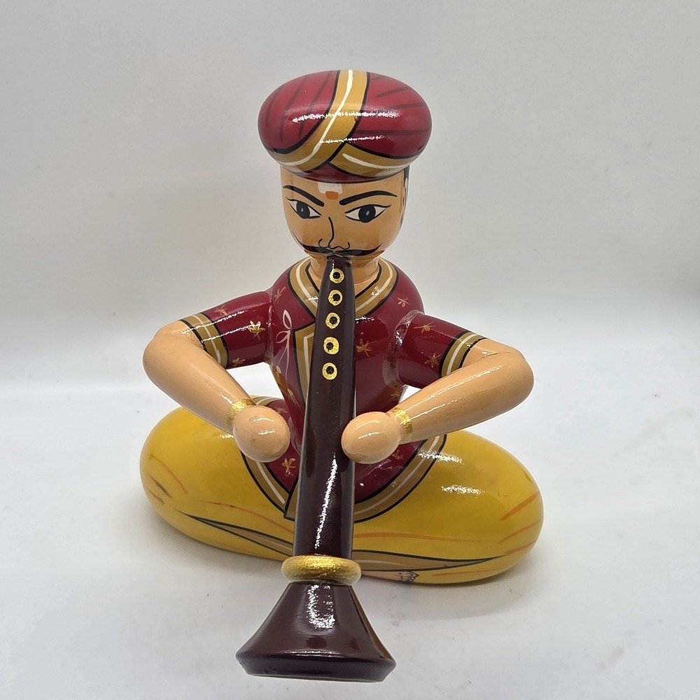 Channapatna Wood Figure Sunil Murthy Signed?? Indian Folk Art Pungi Flute Player